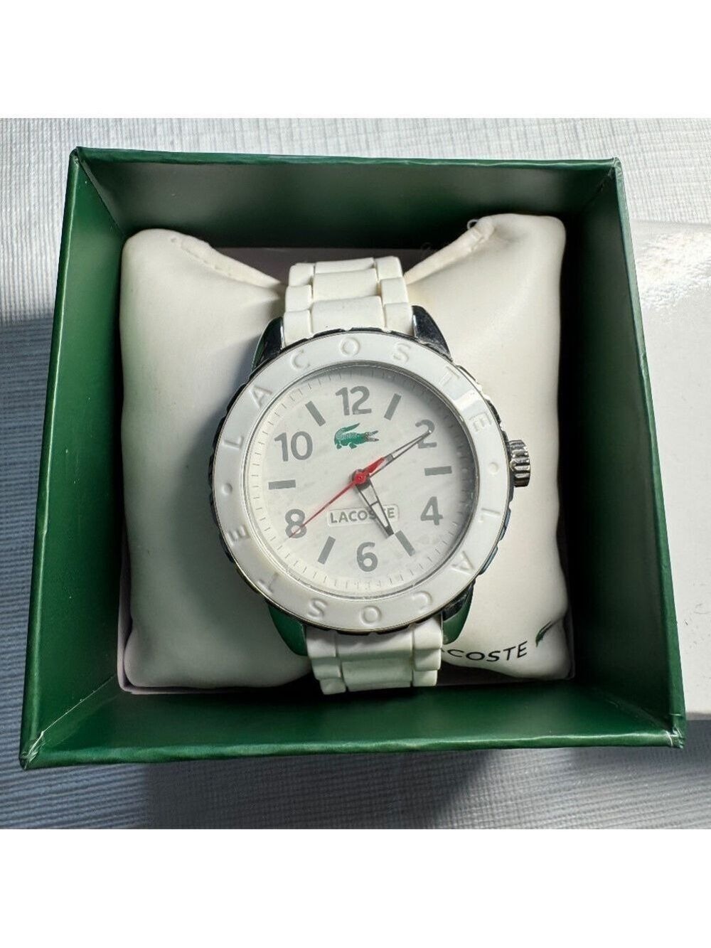Lacoste White Women's Watch with Green Logo and Red Second Hand